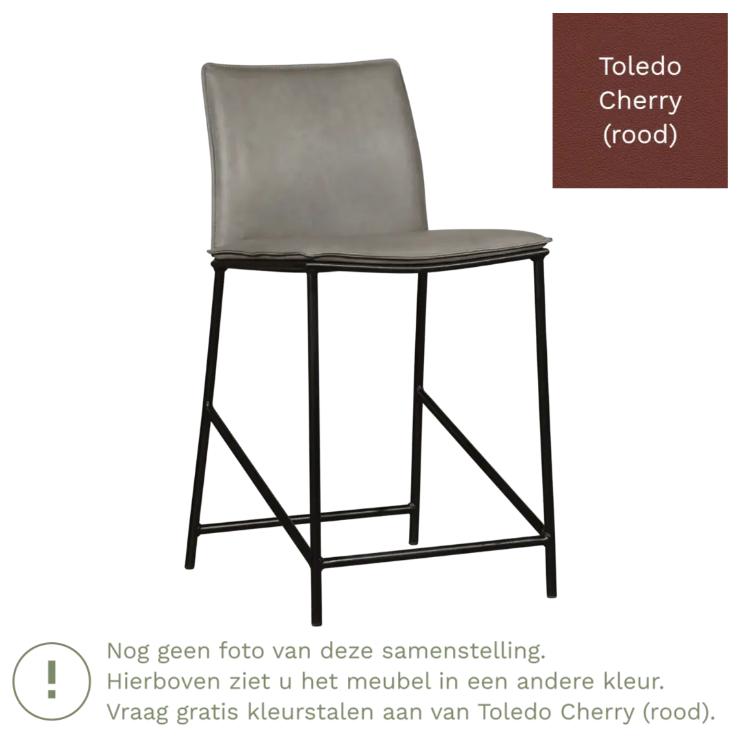 afbeelding van Leren barkruk laag Favor - Toledo Cherry (rood) - poten staal rond zwart